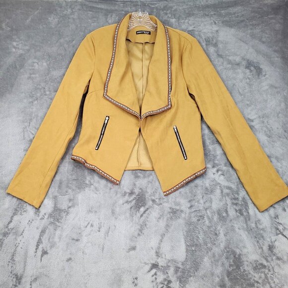 Faux Suede Camel Cardigan Wrap Jacket Western Boho Open Front Embroider Trim XS - Picture 3 of 10